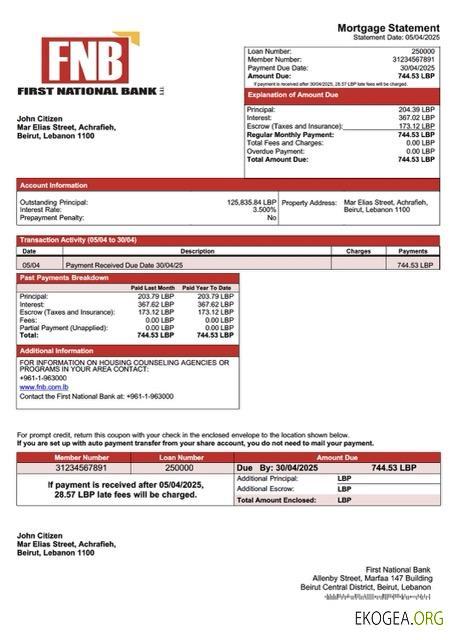 Modèle Word et PDF de relevé hypothécaire de la Première Banque Nationale du Liban